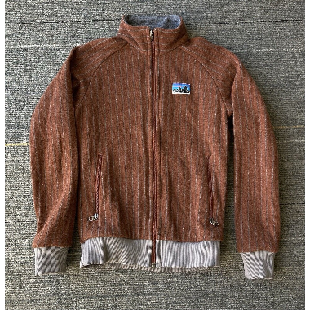 VTG Patagonia Sweater Men XS Brown Striped Quilt Again Full Zip Wool Blend USA